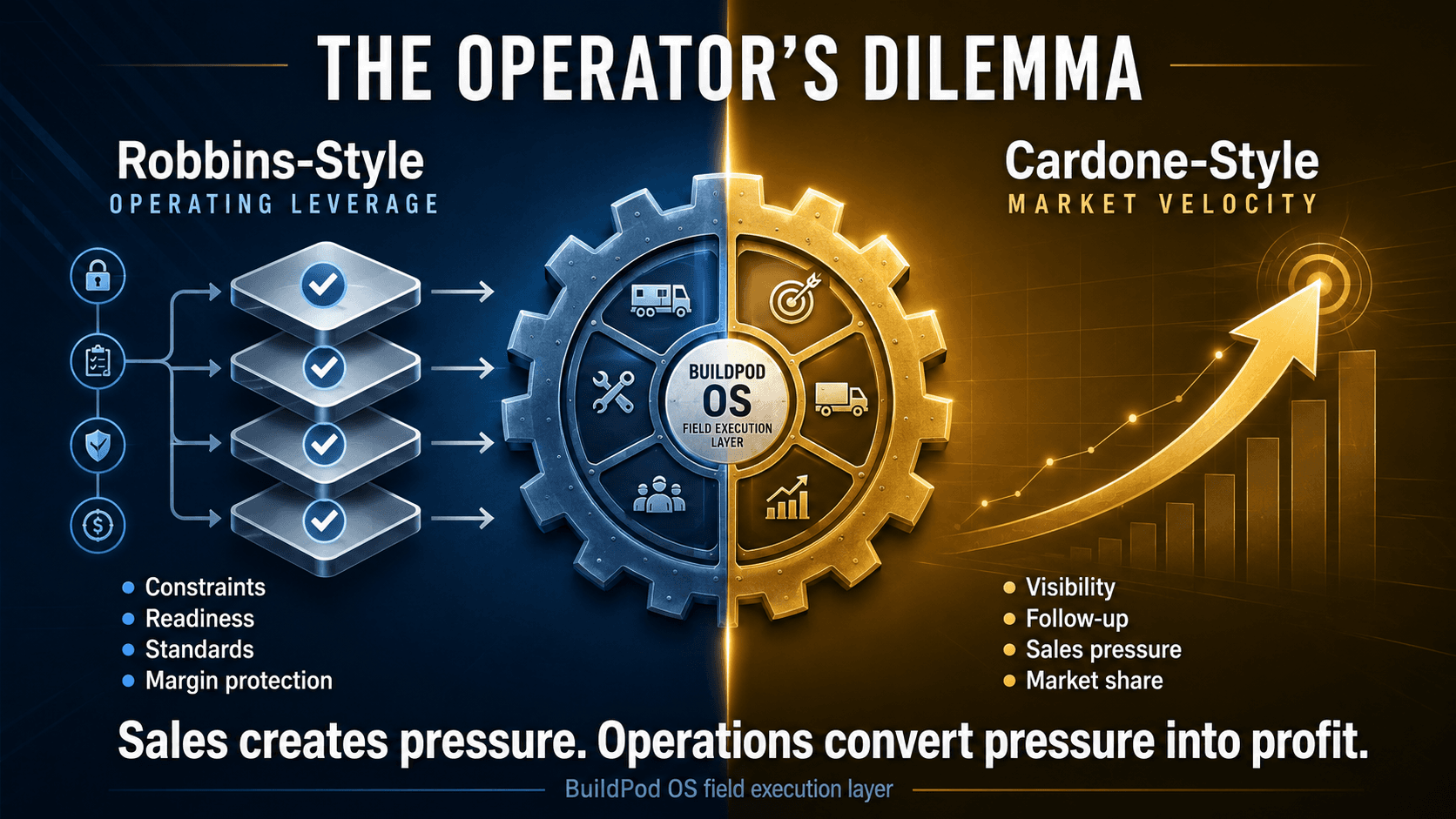 Split-screen BuildPod OS infographic showing Robbins-style operating leverage, Cardone-style market velocity, and the BuildPod field execution layer connecting sales pressure to operational profit.